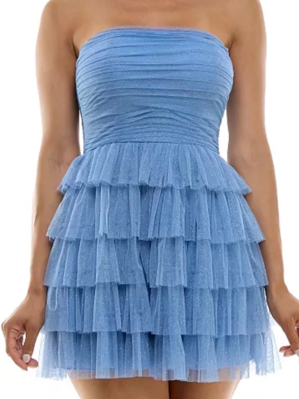 B Darlin Juniors Strapless Side-shirted Tiered Glitter Mini Dress